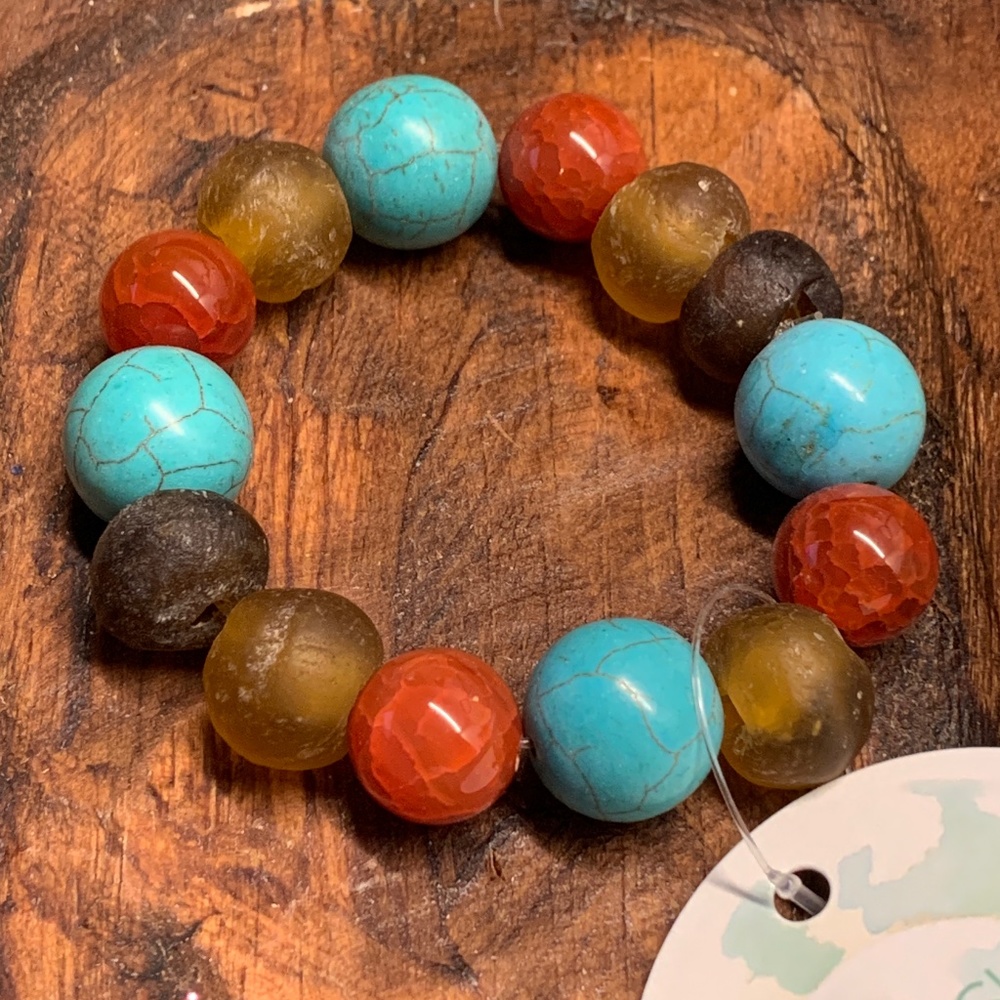 Howlite, Agate and Recycled Glass Artisan Stretch Bracelet